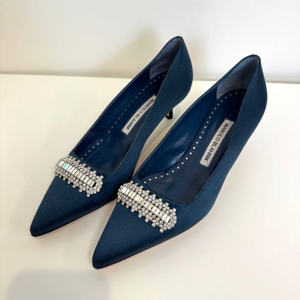 MANOLO BLAHNIK Blue Satin Bottara Embellished Point Kitten Heels 37.5 NEW Shoes